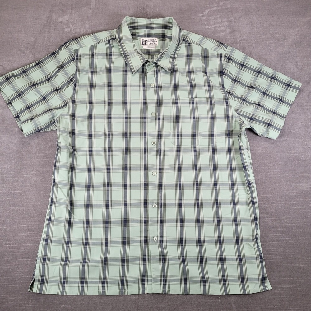 Marmot Mountain Works Mens XL Short‎ Sleeve Button Up Shirt Green Plaid Hiking